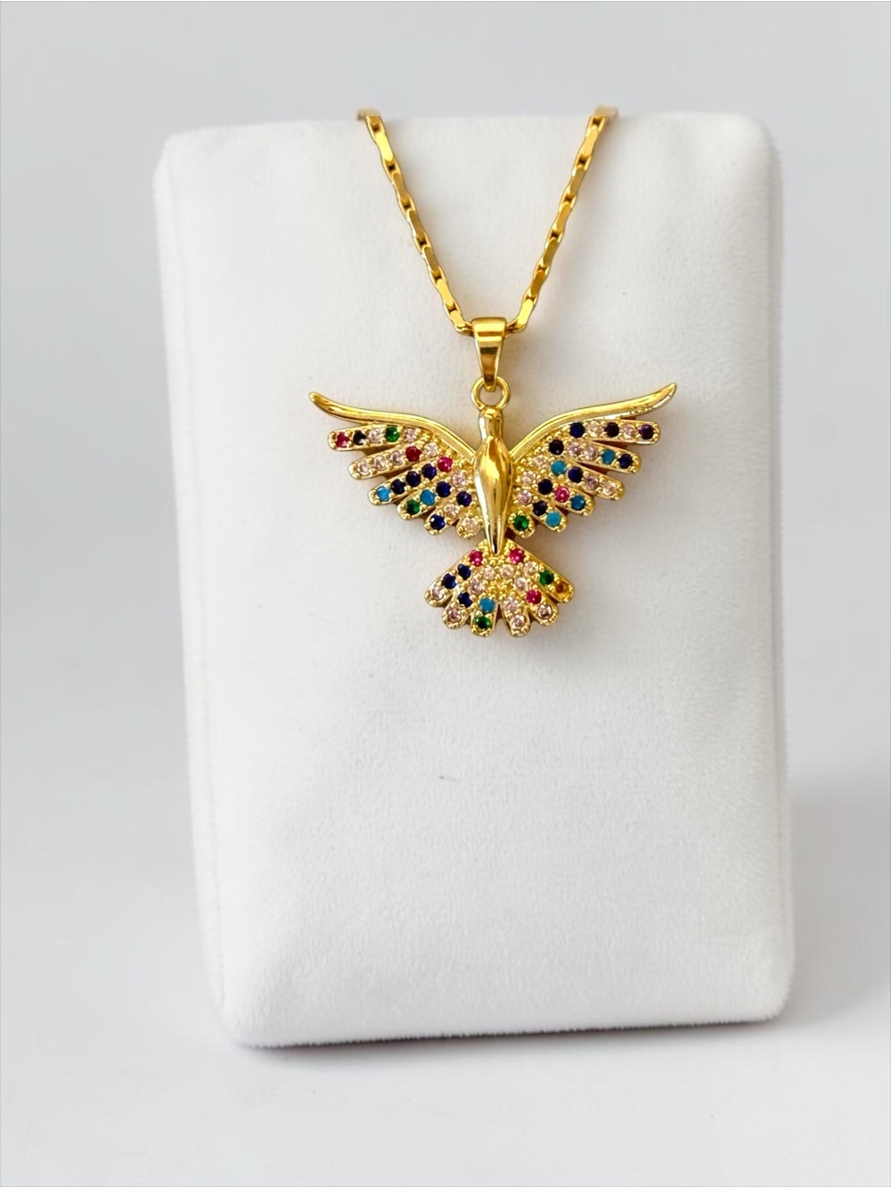 Source Unknown Gold Dove Pendant Necklace with Multicolor Stones